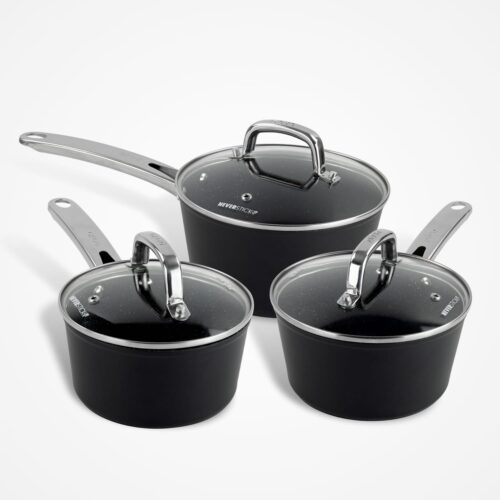 Dojo Hero Neverstick+ 3 Piece Saucepan Set with Lids. Oven Proof Non Stick Pans