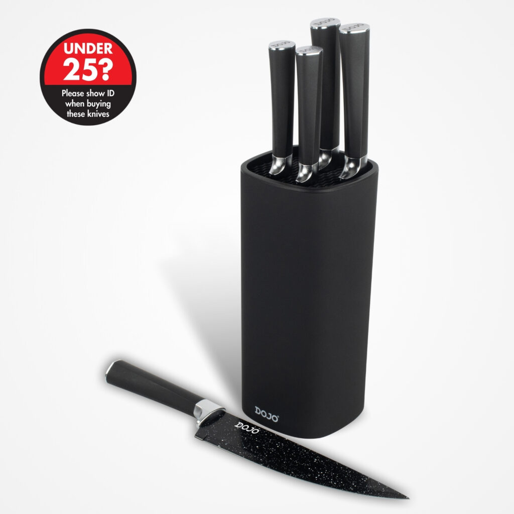 Dojo 5 piece knife block set featuring a chef knife, bread knife, slicing knife, utility knife, and paring knife neatly stored in a dark grey knife block.