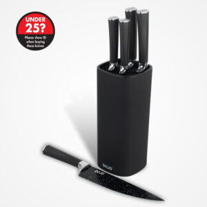 Dojo 5 piece knife block set featuring a chef knife, bread knife, slicing knife, utility knife, and paring knife neatly stored in a dark grey knife block.