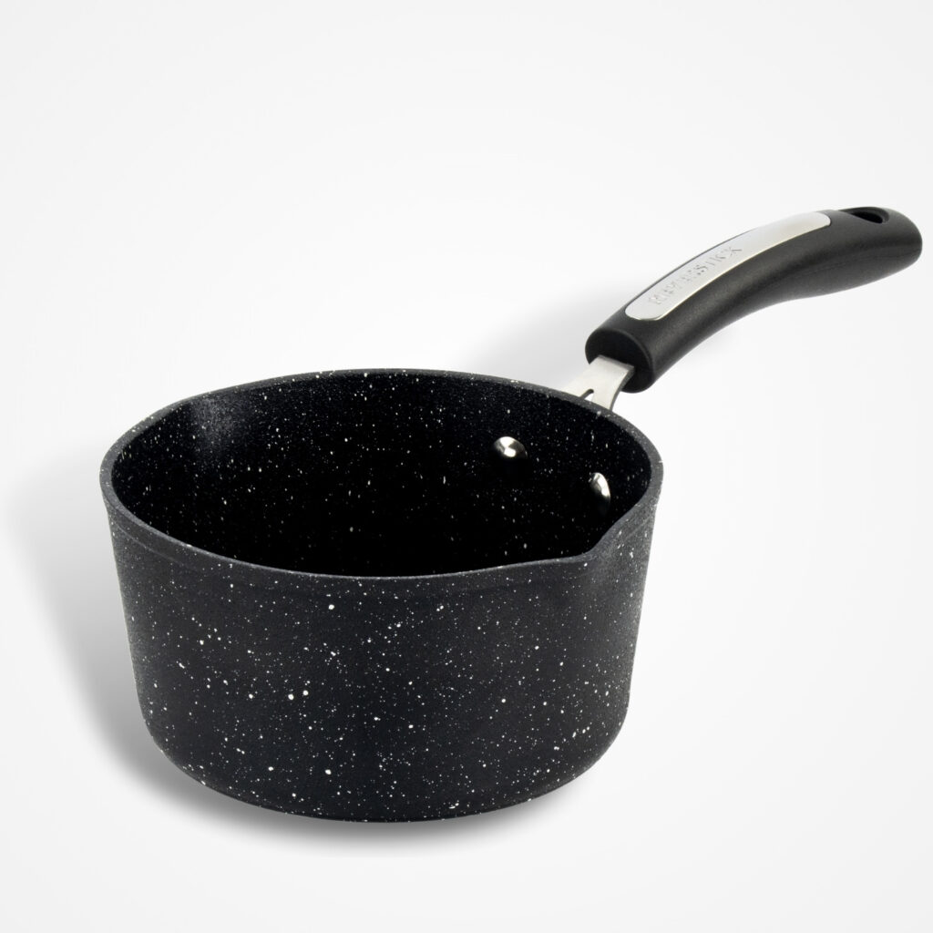 Dojo Zen 16cm milk pan with ergonomic handle, ideal for heating milk, making sauces, and everyday cooking.