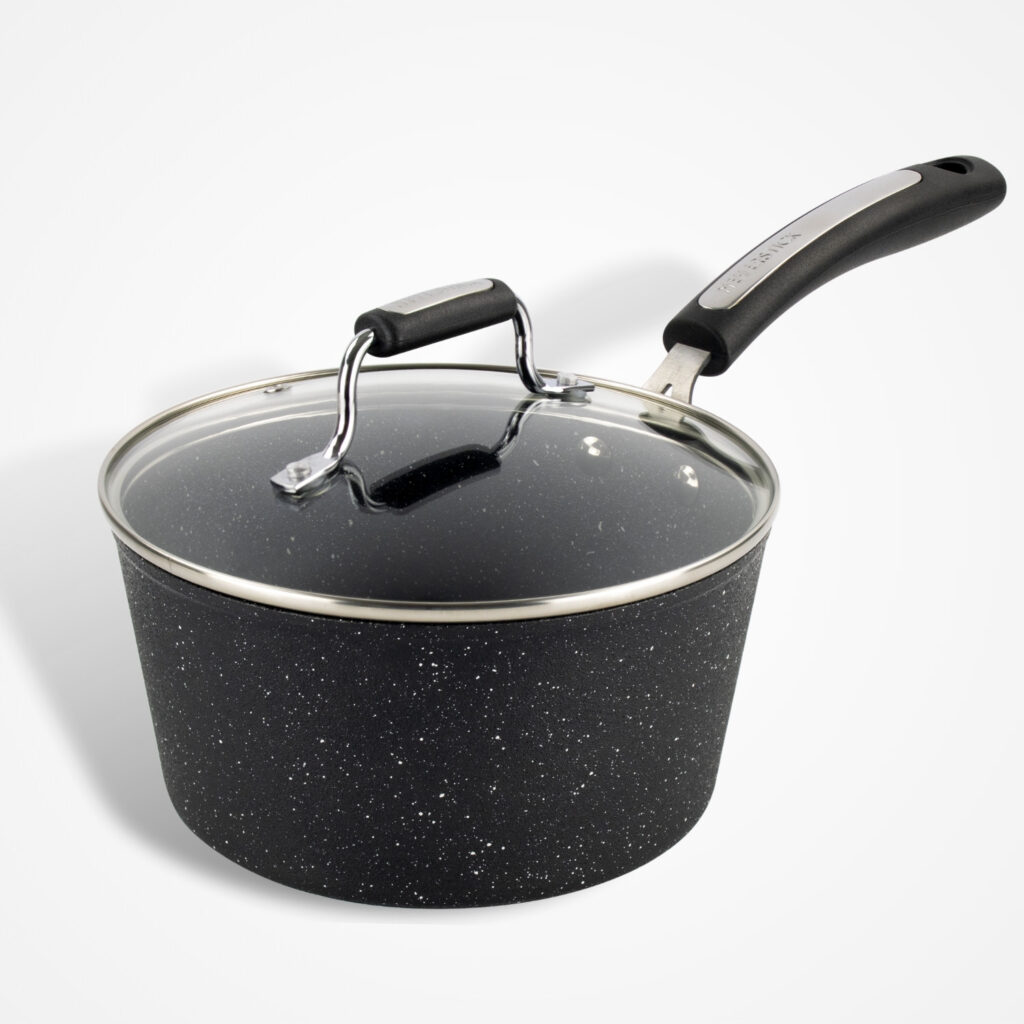 Dojo Zen Neverstick 20cm saucepan with glass lid, ideal for preparing sauces, soups, and vegetables